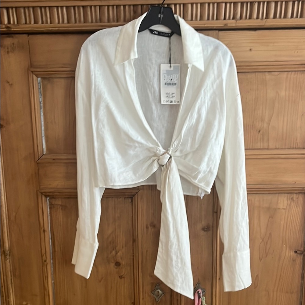Zara White Tie-Front Blouse